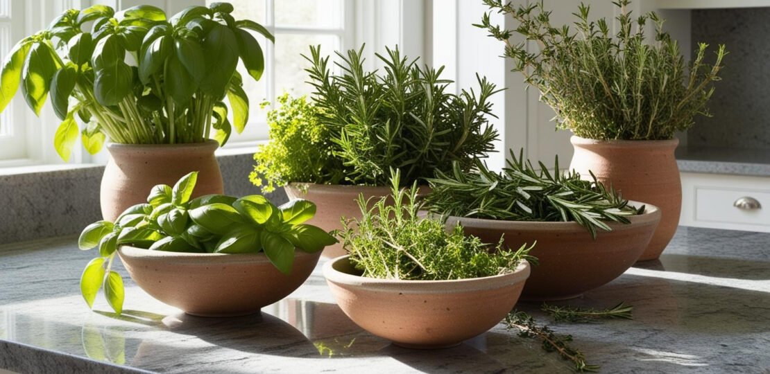 beautiful kitchen with herbs and bowls with herbs on a granite counter top_20250206_072410_0000
